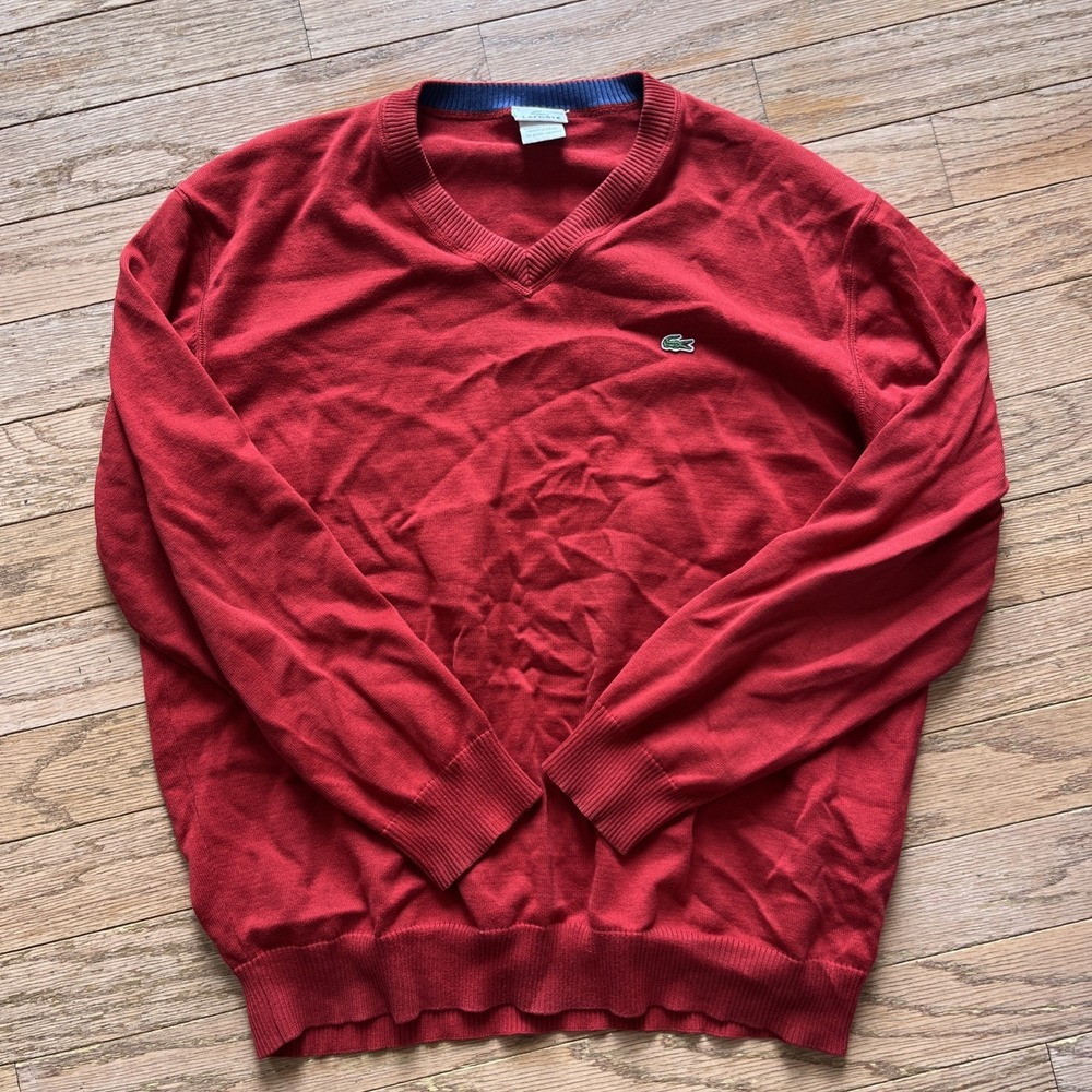 Lacoste Men's Red Knit V-Neck Sweater Size 7 100%‎ Cotton Pullover Logo